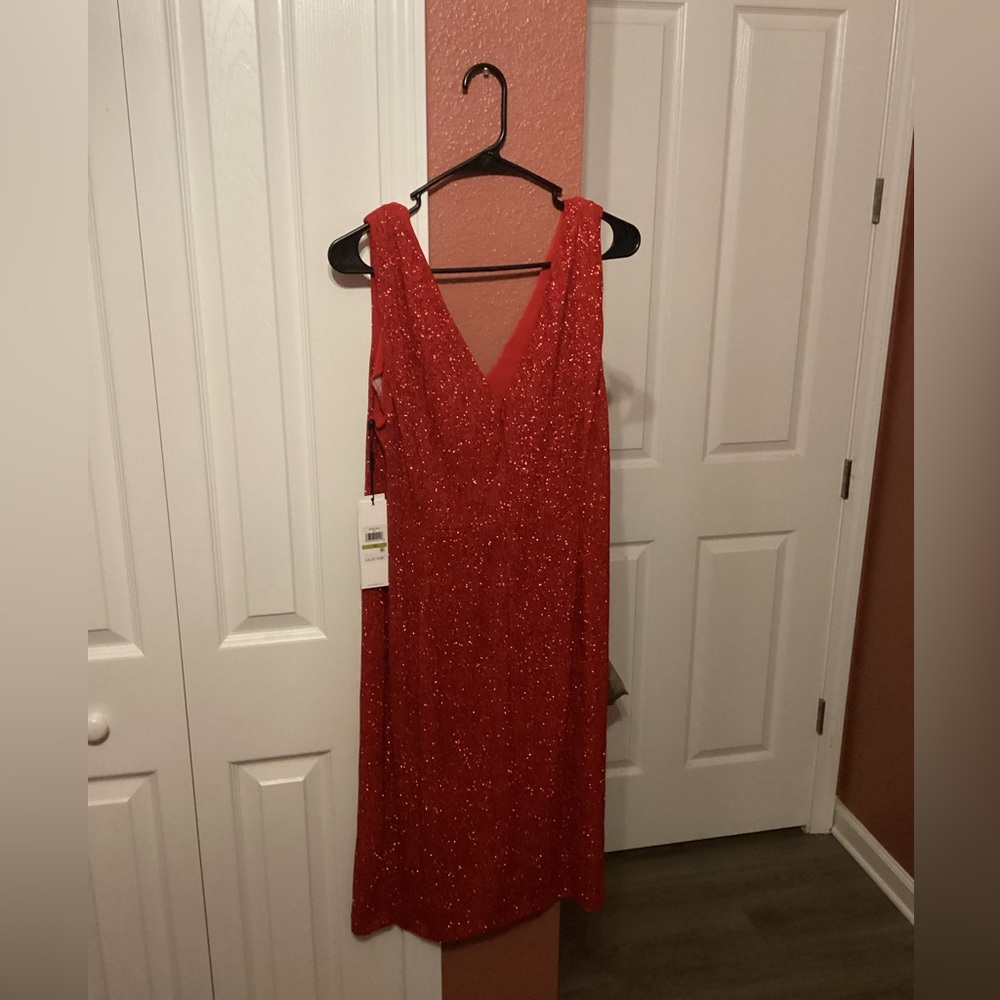 Calvin Klein Cherry Red V-Neck Glitter Sleeveless Dress. Size 14. *Brand new